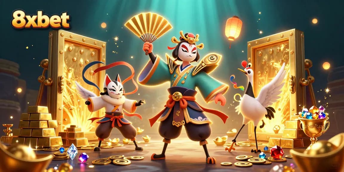 Experience dynamic gaming rewards with 8xbet's illustrated immersive casino scene.