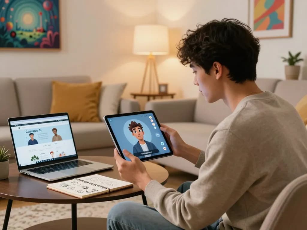 Youthful individual using Crushon AI app for engaging character chats in a cozy modern living room.