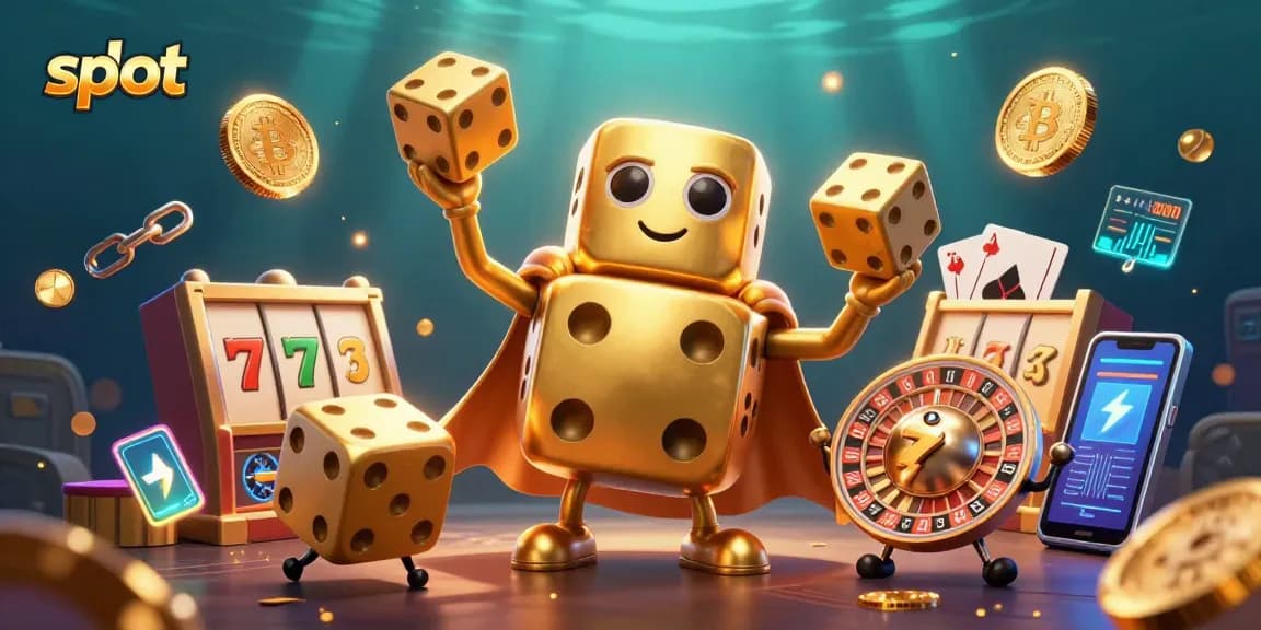 Engage with vibrant slot themes amid 3D elements in this festive casino illustration.