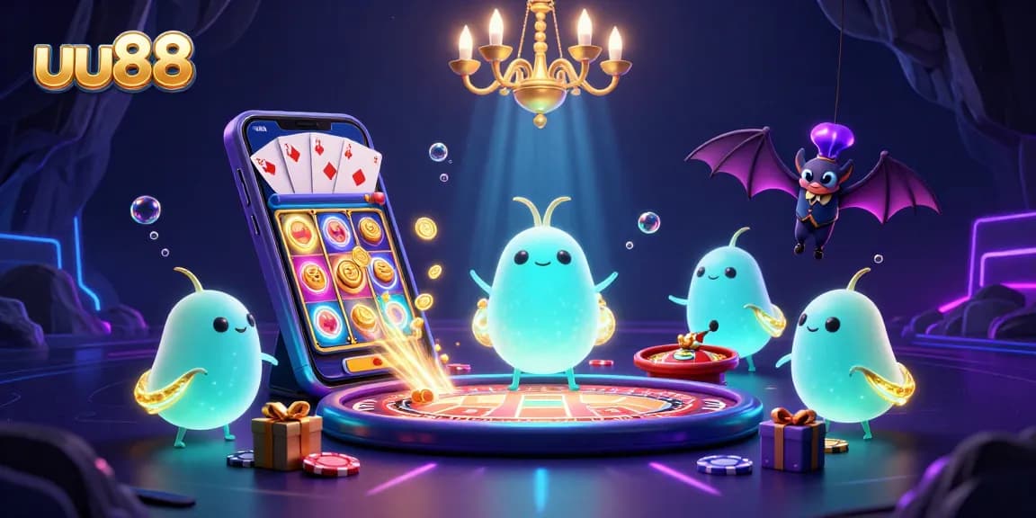 Experience the excitement of uu88 casino games with a colorful and dynamic 3D scene filled with glowworms and casino elements.