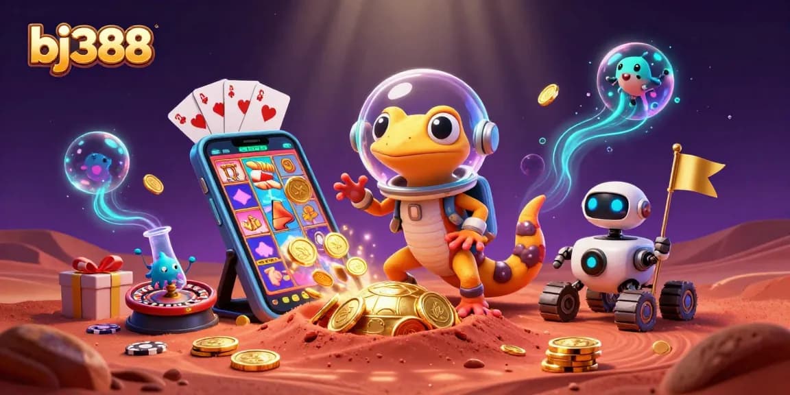 Engage with bj388's dynamic gaming universe featuring a Martian gecko and casino treasures.