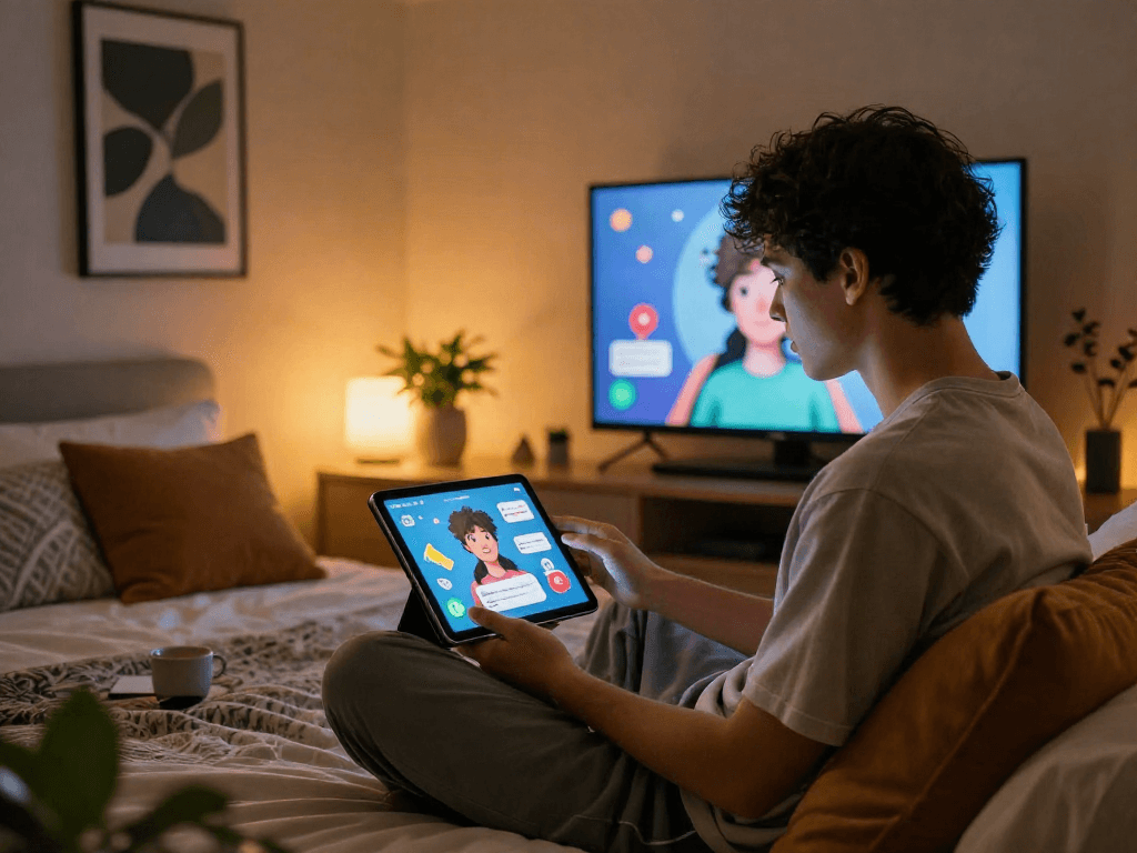 Engaging AI chat porn experience in a cozy bedroom setting on a tablet.