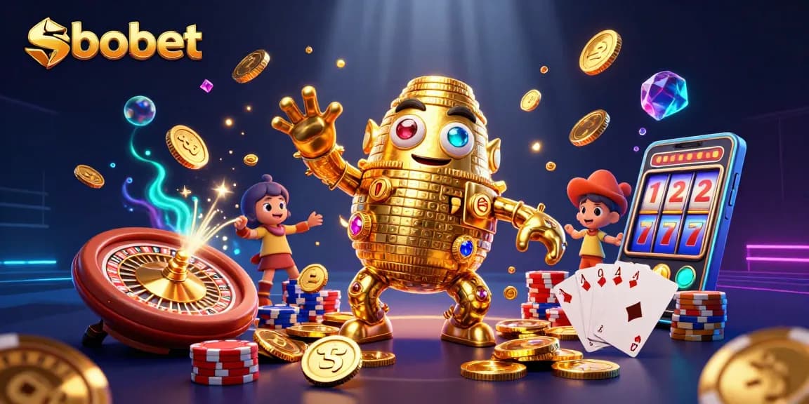 Experience exciting sbobet online betting with a dynamic illustration of casino elements and a golden golem.