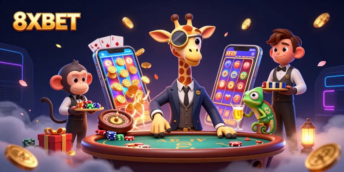 Engage with thrilling 8XBET casino action with high-roller giraffe and companions in vibrant gaming scene.
