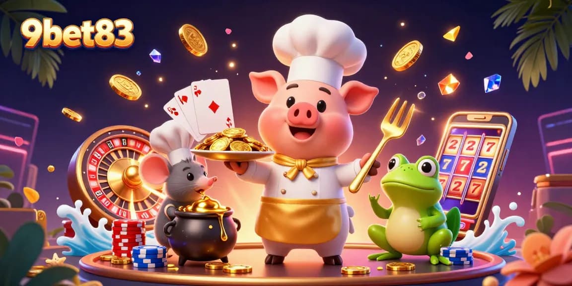 Experience exciting gameplay with 9bet83 as a chef pig serves golden coins in a vibrant casino scene.