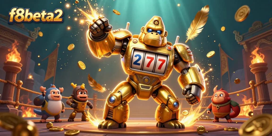 Experience the exciting world of f8beta2 with a golden gorilla mech conducting a dynamic casino game.