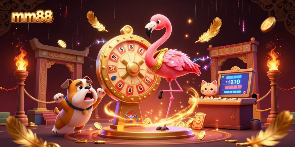 Spin to win with mm88's thrilling prize wheel featuring vibrant characters and casino elements.