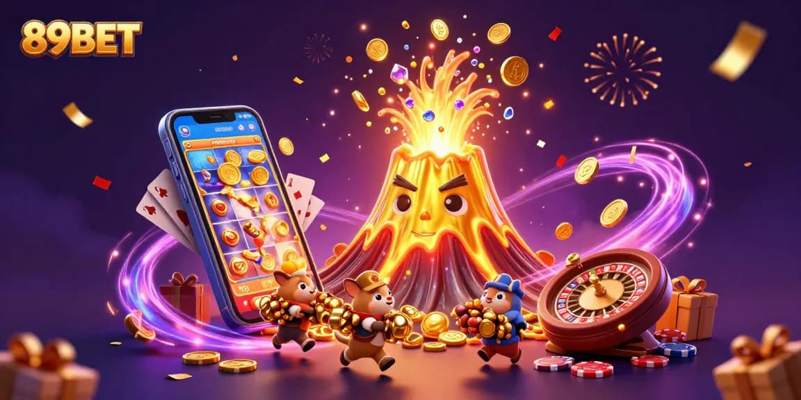 Experience excitement and treasure with 89BET in a vibrant casino-themed 3D scene featuring festive animations.