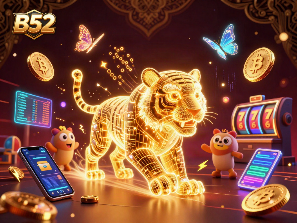 Experience thrilling gameplay with the B52 tiger amidst vibrant casino elements and crypto icons.