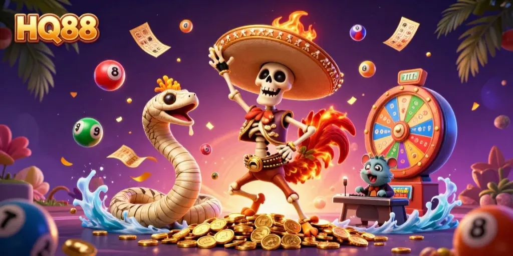 Experience the excitement of HQ88 with vibrant casino elements featuring dynamic game characters and actions.