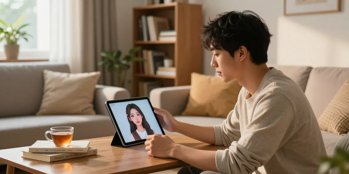 Engaging conversation with an AI girlfriend on a tablet in a cozy living room