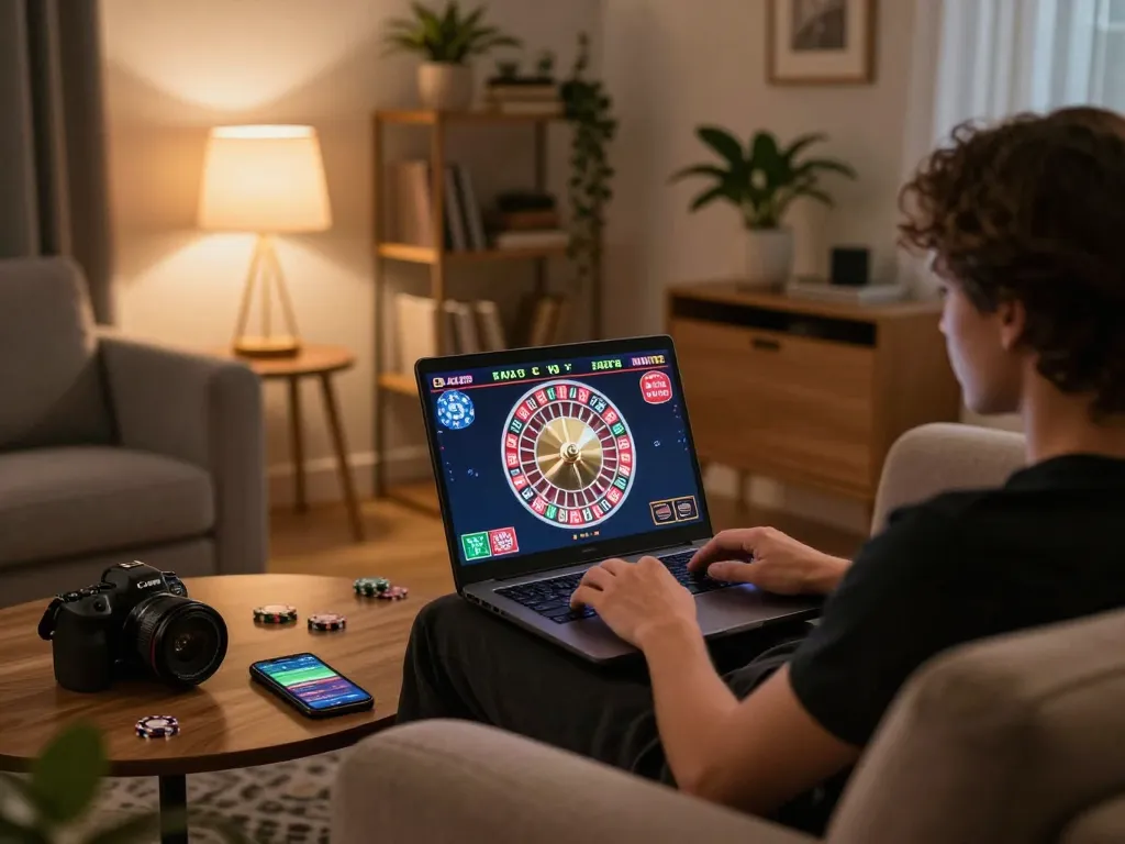 Enjoying online gaming on TG88 from a cozy home setup with roulette interface visible.