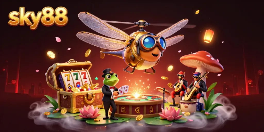 Experience the excitement of sky88 as the dragonfly pilot navigates a vibrant casino scene.