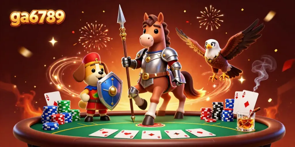 Engage with ga6789 in a vibrant, dynamic poker-themed 3D illustration featuring medieval characters.
