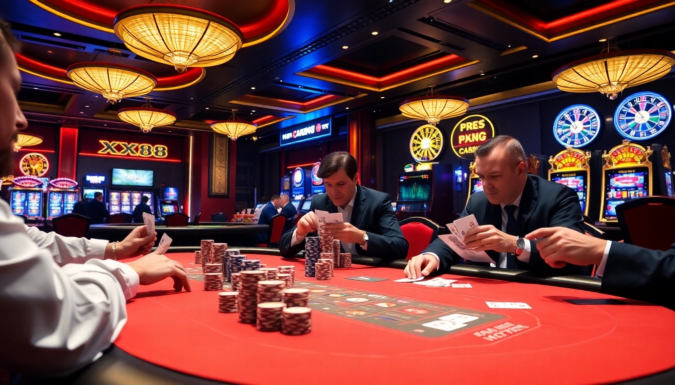 Players enjoying a thrilling poker game at XX88 casino, showcasing high stakes and excitement.