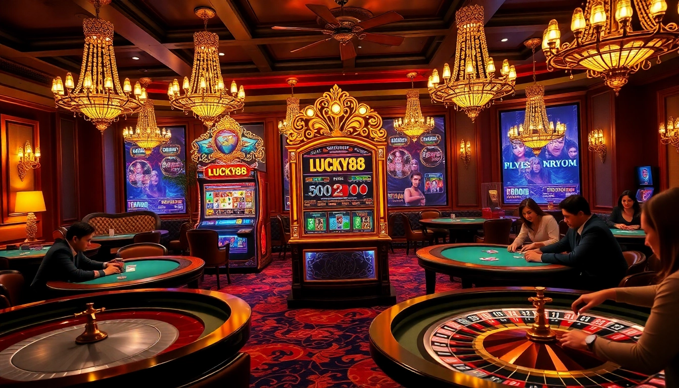 Exciting LUCKY88 slot machine in a luxurious casino setting, surrounded by poker tables and roulette wheels.