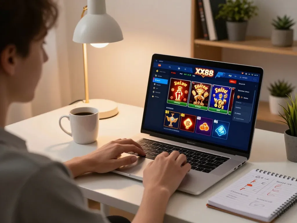 Player engaging in online poker at XX88, illuminated by warm desk lighting, showcasing strategic gameplay.