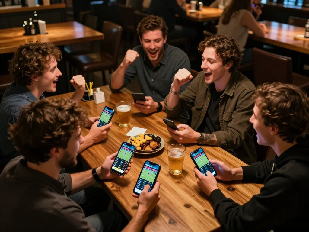 Cakhiatv app being used for live sports betting in a lively sports bar, showcasing excitement and community.