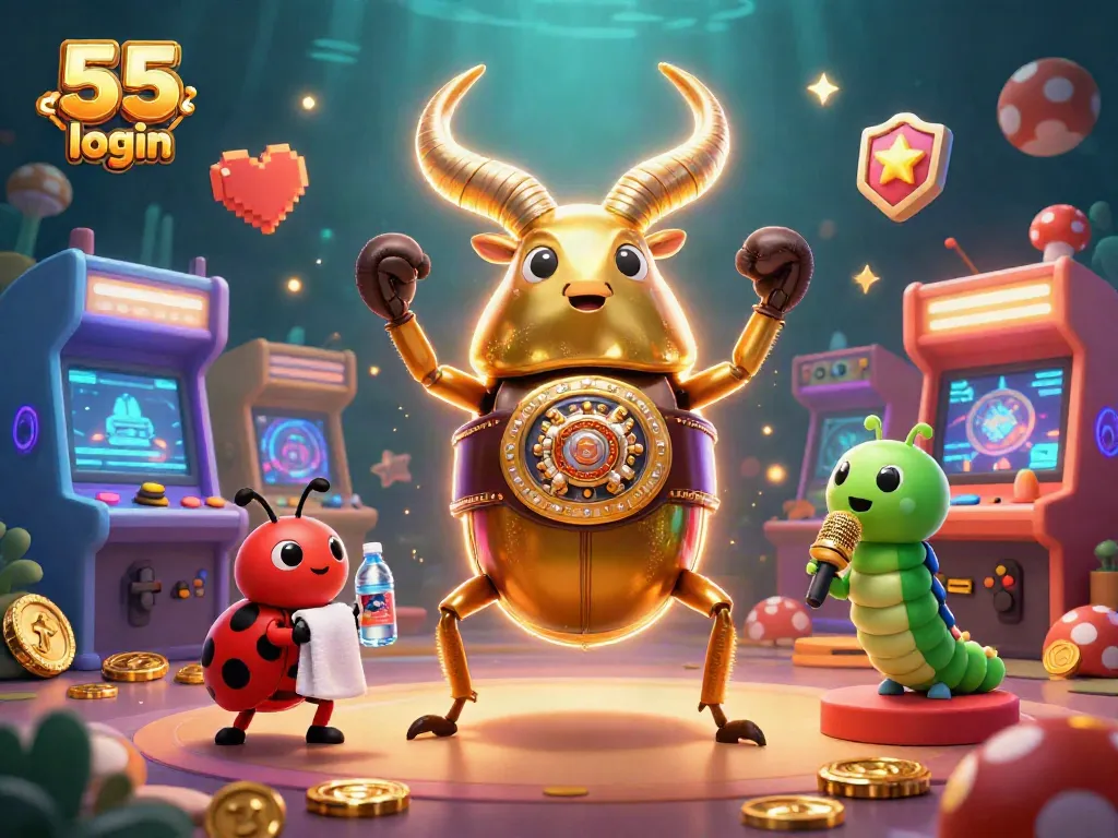 Experience the thrill of 55 club login with vibrant casino-themed characters in a dynamic arcade scene.
