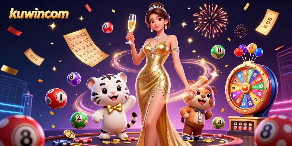 Engage in thrilling play at kuwincom amidst colorful lottery balls and sparkling casino elements.