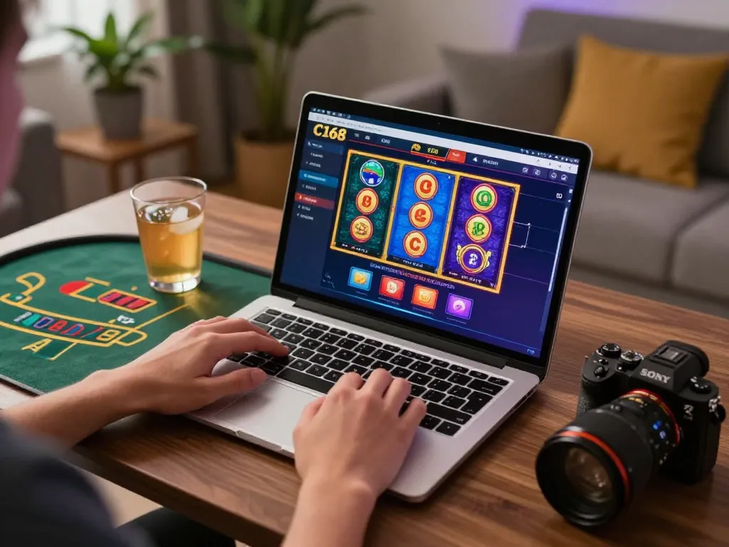C168 online gambling scene with player engaged in slot games and blackjack interface for immersive gaming experience.