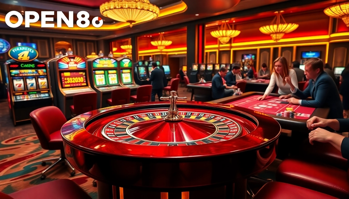 Experience the excitement of OPEN88 at a luxurious casino with roulette and slot machines.