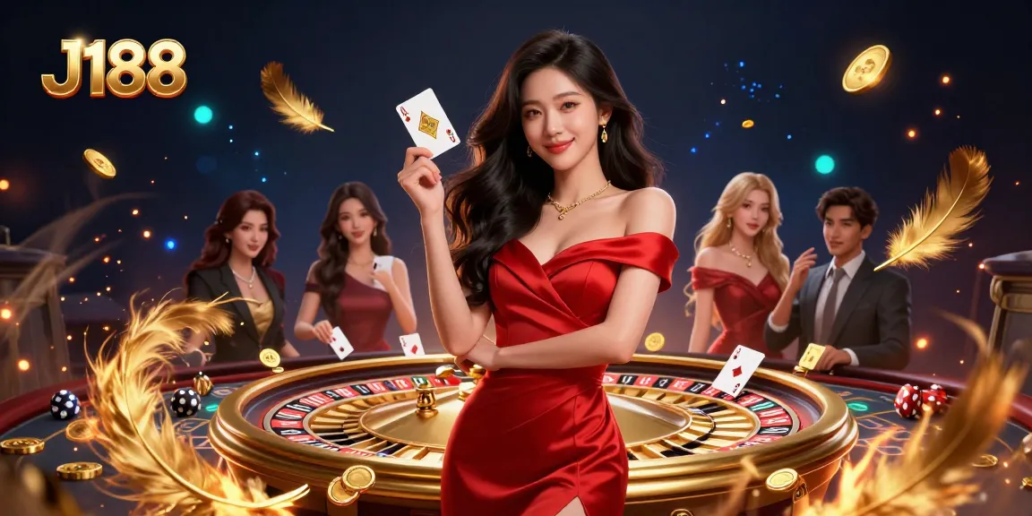 Experience thrilling live action at J188 Casino with a glamorous young woman holding a golden playing card beside a stunning roulette wheel.