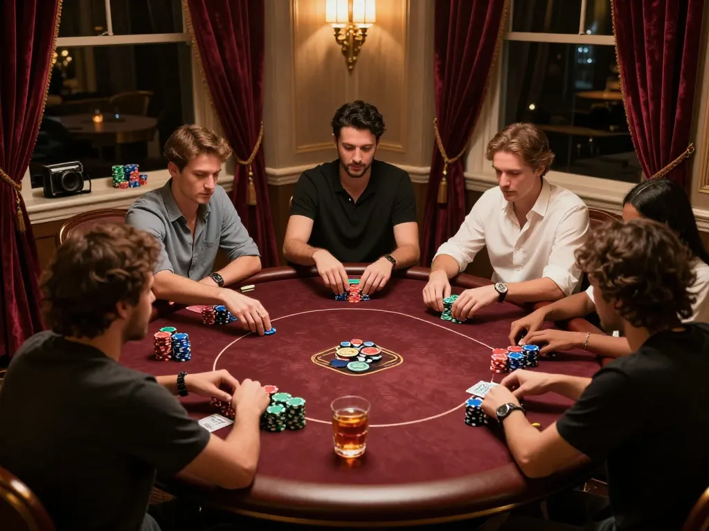 789F poker players engaged in high-stakes game with chips and drinks at an elegant table.