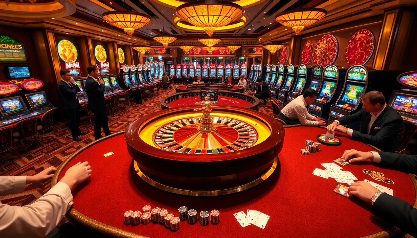Experience thrilling gameplay at newphim's luxury casino surrounded by intense poker games and vibrant slot machines.