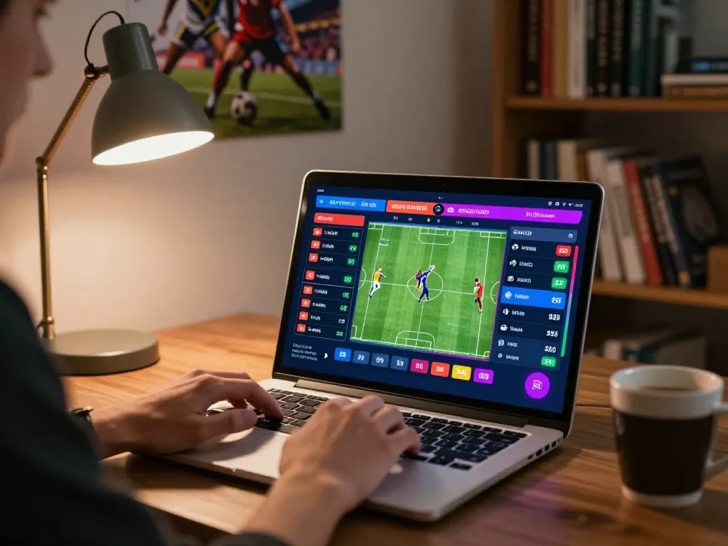 Betting on sports using vk88 on a laptop in a cozy home office with a warm atmosphere.