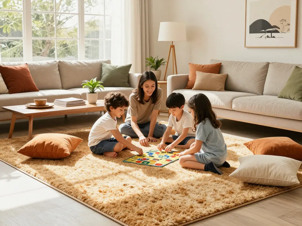 Affordable carpets London providing a cozy living room atmosphere with family enjoying games on a plush carpet.