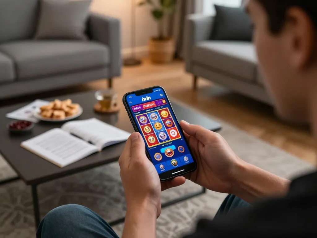 Player enjoying the iwin club app on their smartphone in a cozy home setting, engaging in exciting online gaming.