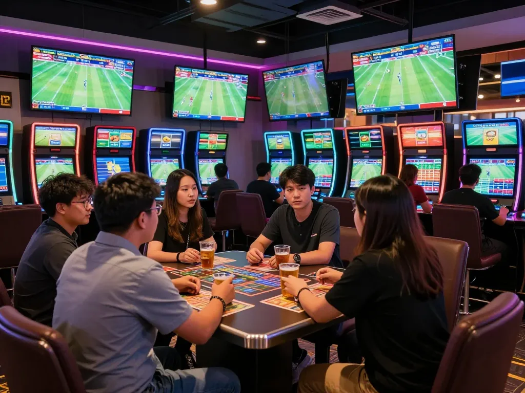 Bongdallu sports betting scene with friends analyzing live odds in a modern casino lounge