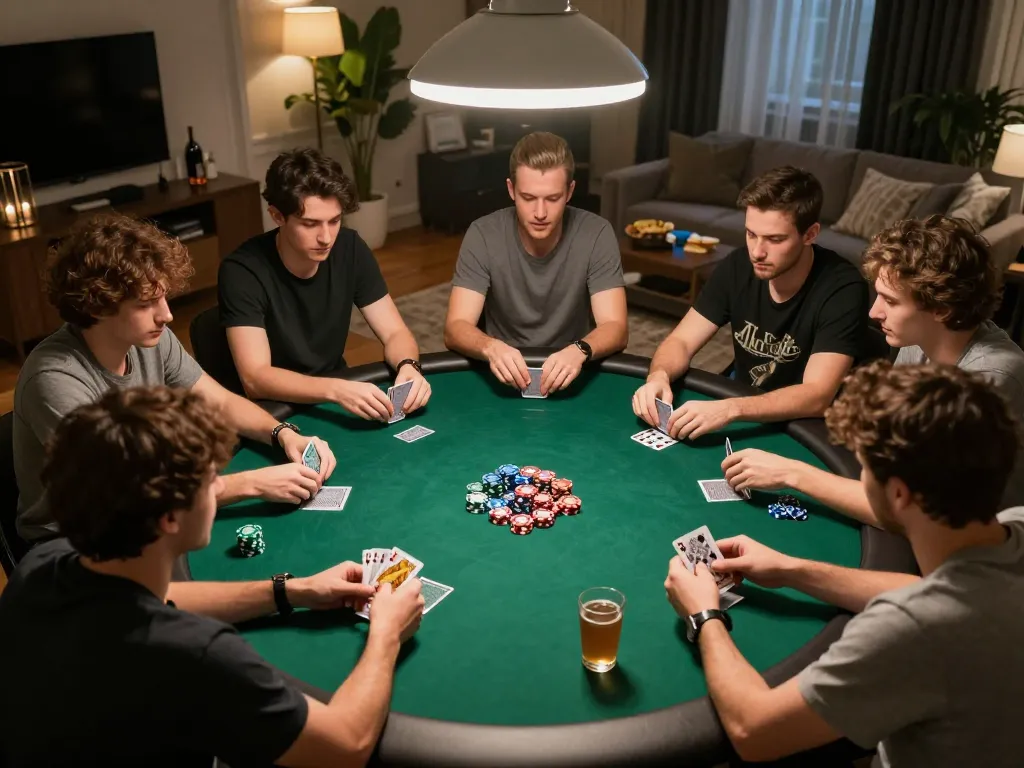 PH22 players engaging in a competitive home poker game, showcasing strategy and camaraderie during an exciting gaming night.