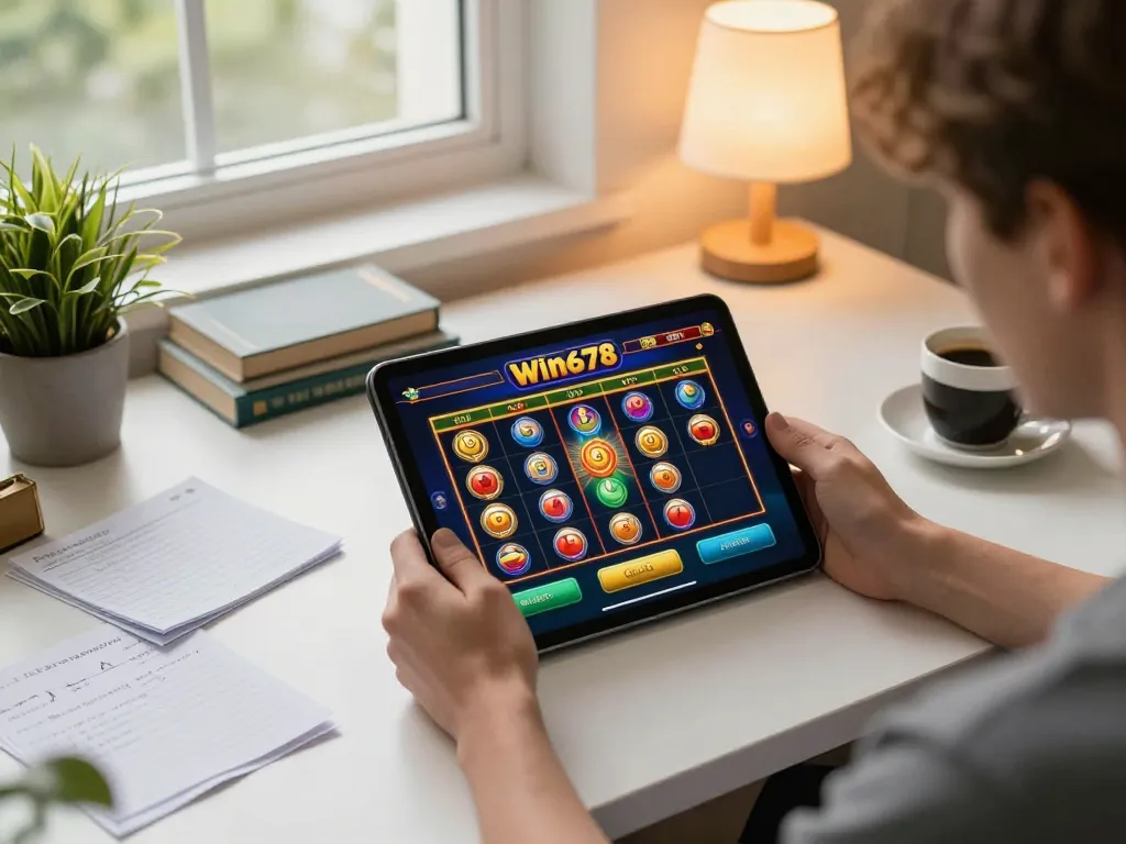Engaging with the Win678 casino app on a tablet in a cozy home setting, showcasing online gambling excitement.