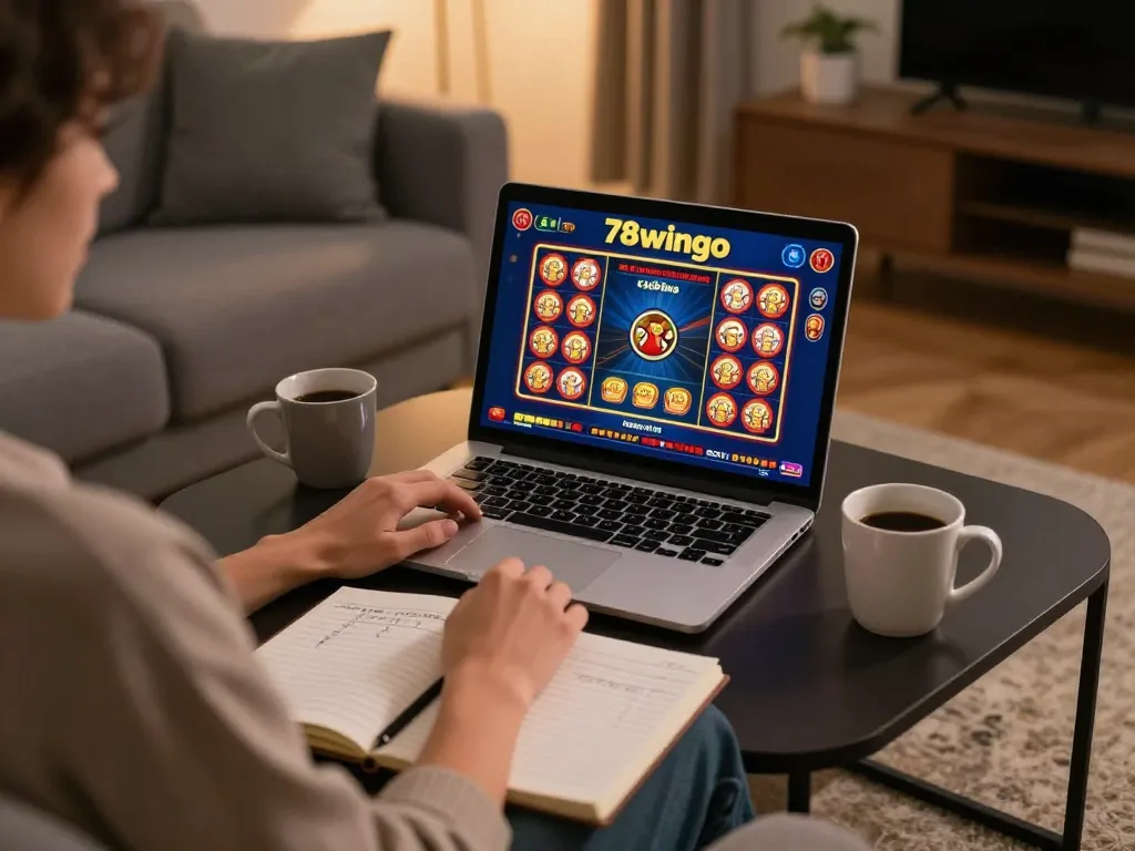 Player enjoying online gaming at 78wingo with strategy notes around.