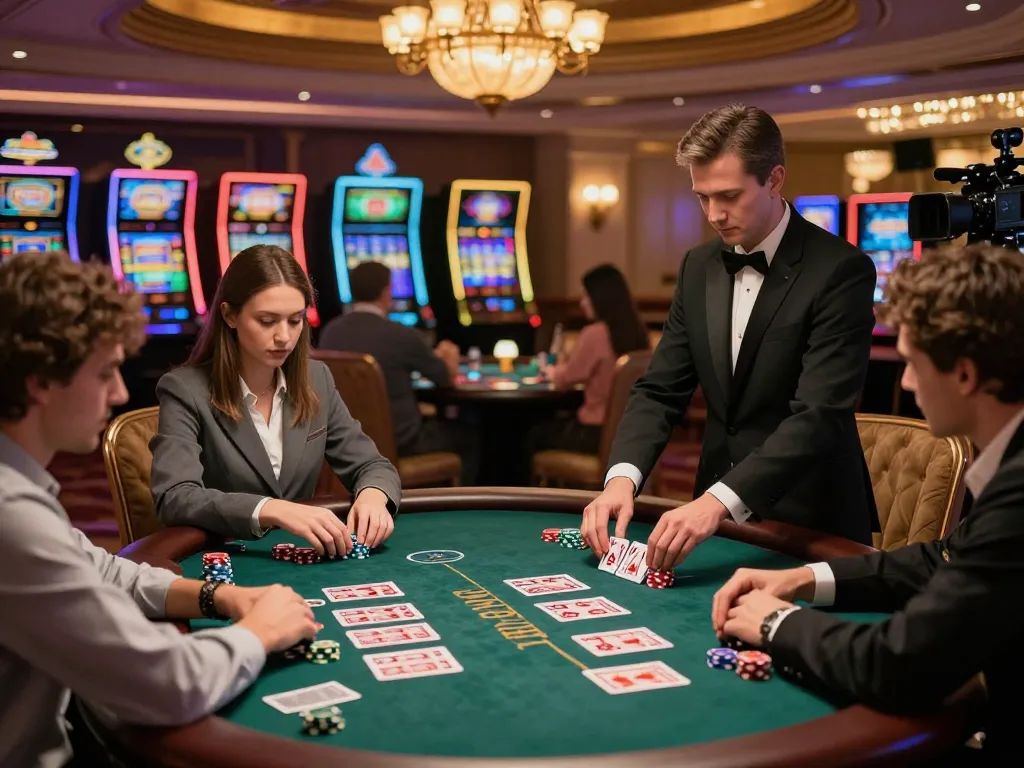 Engaged players at MM88 blackjack table making strategic decisions during a high-stakes game, luxurious casino atmosphere