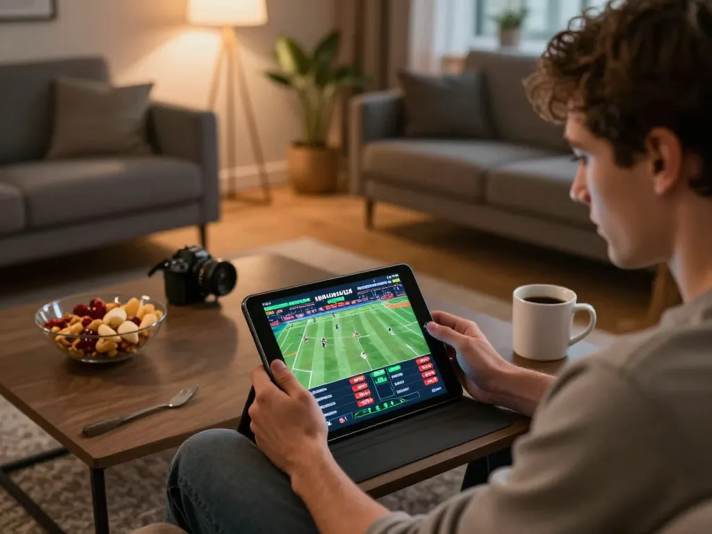 Player engaged in sports betting at home using a tablet to place bets on co88 platform