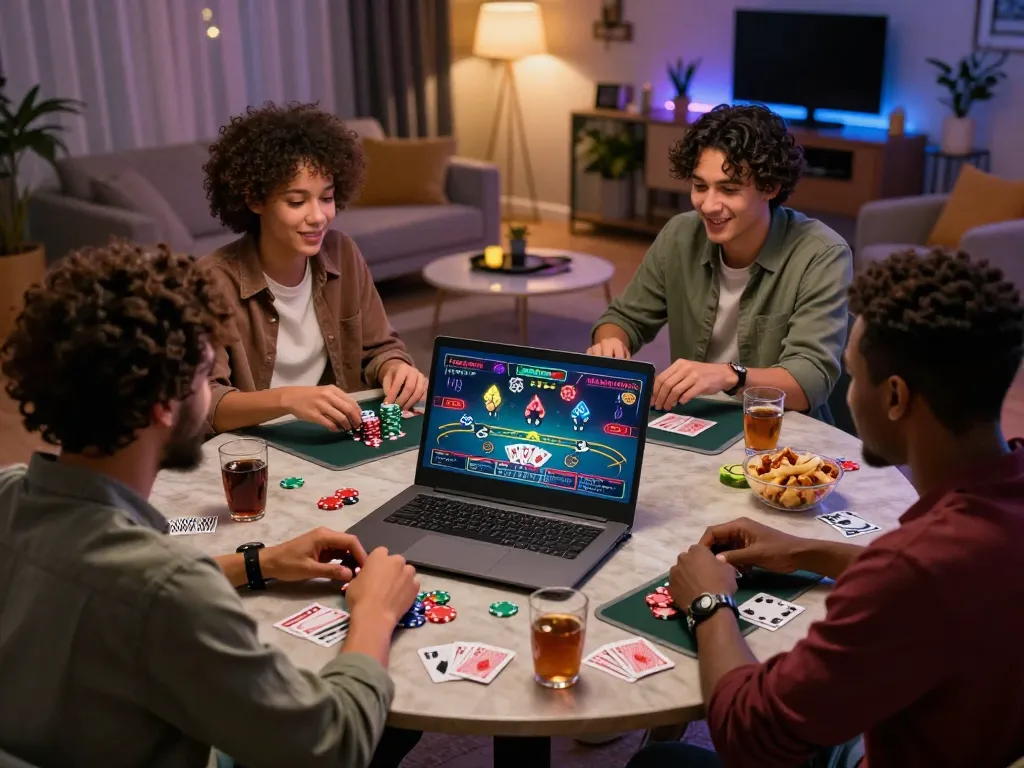 Friends enjoying an online casino game experience with gem88 in a lively living space.