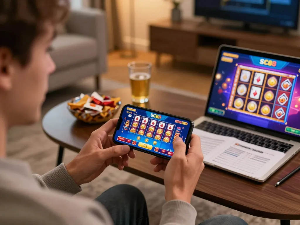 SC88 player celebrating a win on smartphone during an online casino game