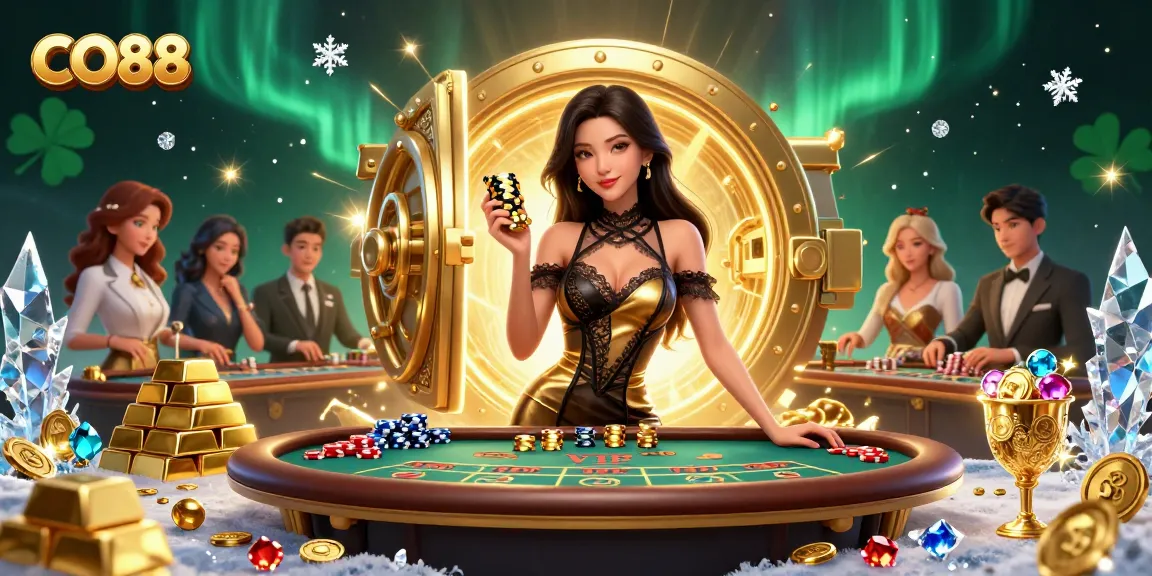 Engage with thrilling CO88 baccarat action featuring glamorous players amidst a treasure explosion.