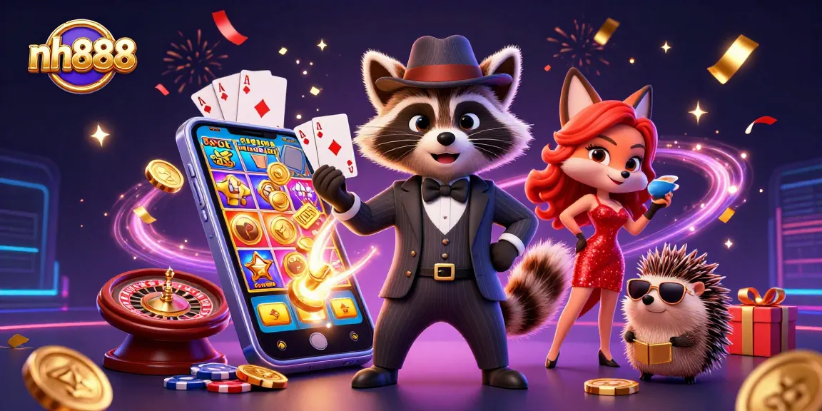 Experience the excitement of winning big with nh888's dynamic casino illustration featuring charming characters.