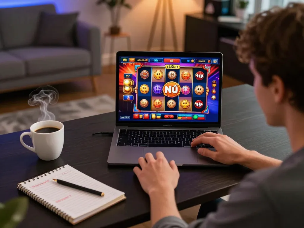 Nổ Hũ gameplay experience with a player excitedly spinning reels on a laptop, emphasizing online casino engagement.