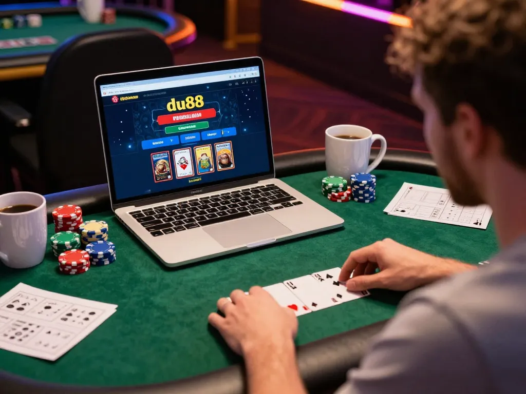 Player engaging with du88 poker game interface on laptop, colorful chips and cards clearly visible