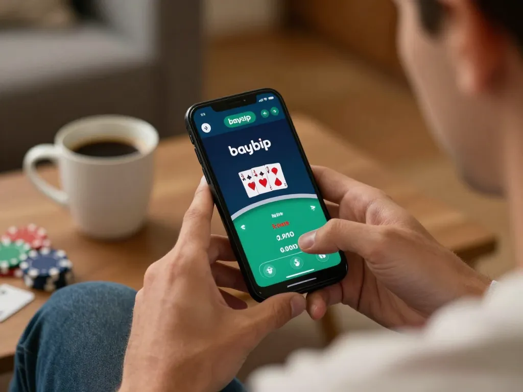 Player using bayvip app for online poker in a cozy home setting with warm lighting