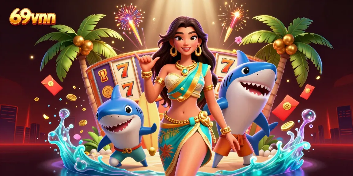 Engage in thrilling action with 69vnn's dynamic 3D casino scene featuring vibrant slot reels and joyous characters.