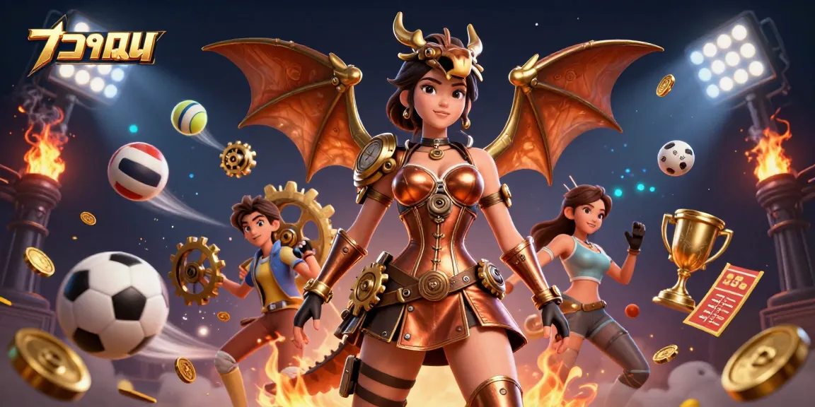 Engage in แทงบอล action with sports balls, golden elements, and a dynamic steampunk scene.