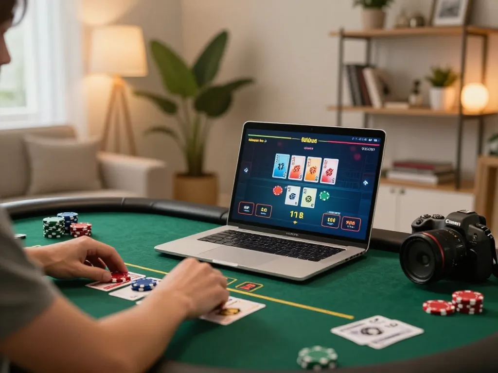 Engaging in online poker gaming on NK88 platform, showcasing a player in a cozy home setup.