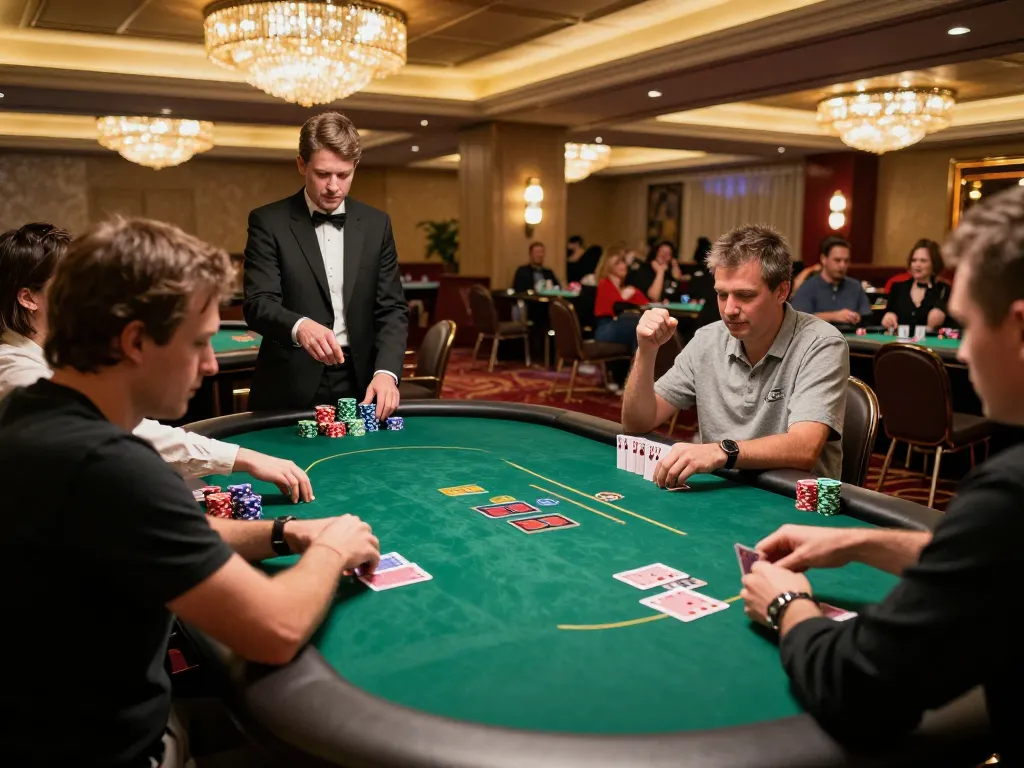 Engaged players at gamebaidoithuong8 poker tournament showing strategy and excitement in an upscale setting.