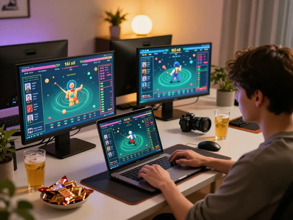 Engaging in tài xỉu online gaming strategy at a modern home setup with vibrant visuals.